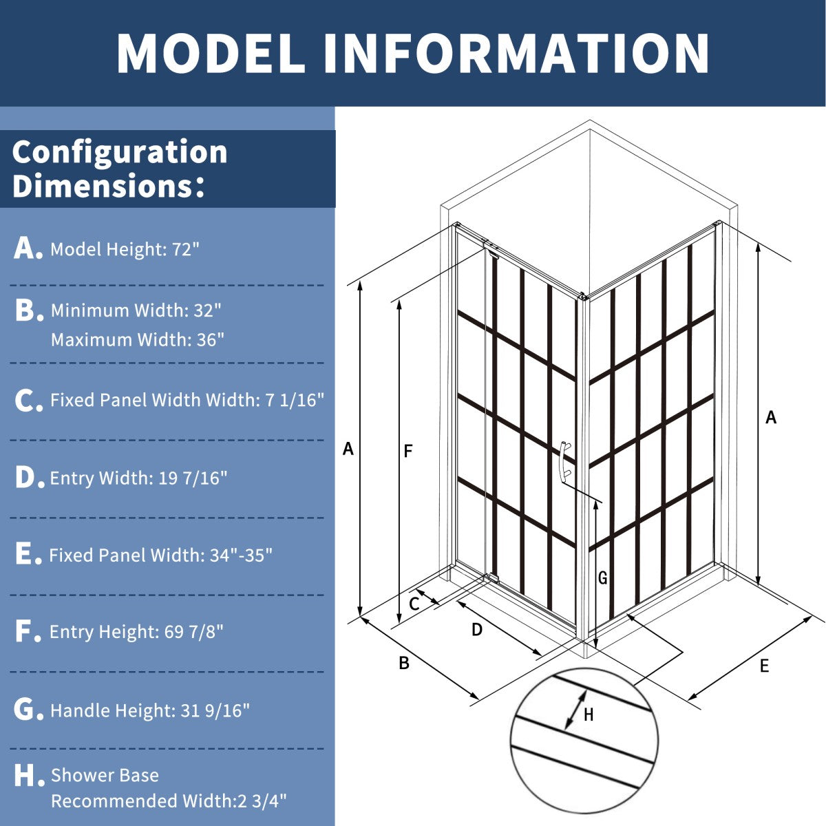 Haven-SP 36 in. W x 72 in. H Corner Shower Enclosure,6mm Clear Glass,Pivot Shower Doors,Brushed Nickel,Not Shower Base
