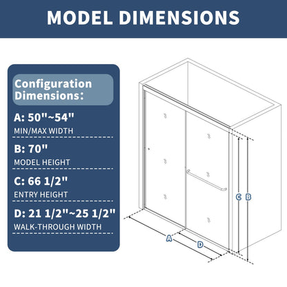 Model dimensions for Glide 50-54 in. W x 70 in. H sliding glass shower doors with black frame and clear tempered glass.