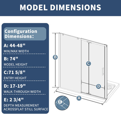 Lock Adjustable 44-48"W x 74"H Sliding Glass Shower Door with 8mm Clear Tempered Glass,Stainless Steel Hardware Mattel Black,Rectangle Shower Door