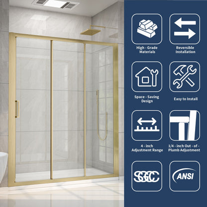 Nexus 56-60W x 70.H Easy Clean Framed Tri-Fold Sliding Shower Door with 1/4" (6mm) Clear SGCC Tempered Glass,Brushed Golde Finish