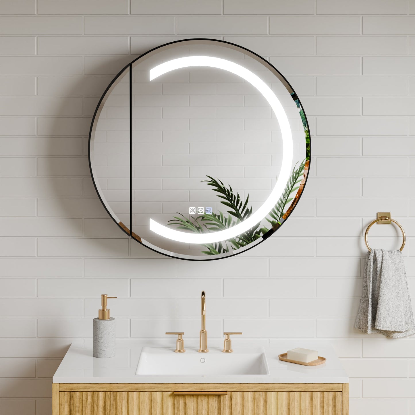 Hola 26" Round LED Medicine Cabinet �C Black Frame, Anti-Fog, Dimmable Lighting, Surface Mount - ExBriteUSA