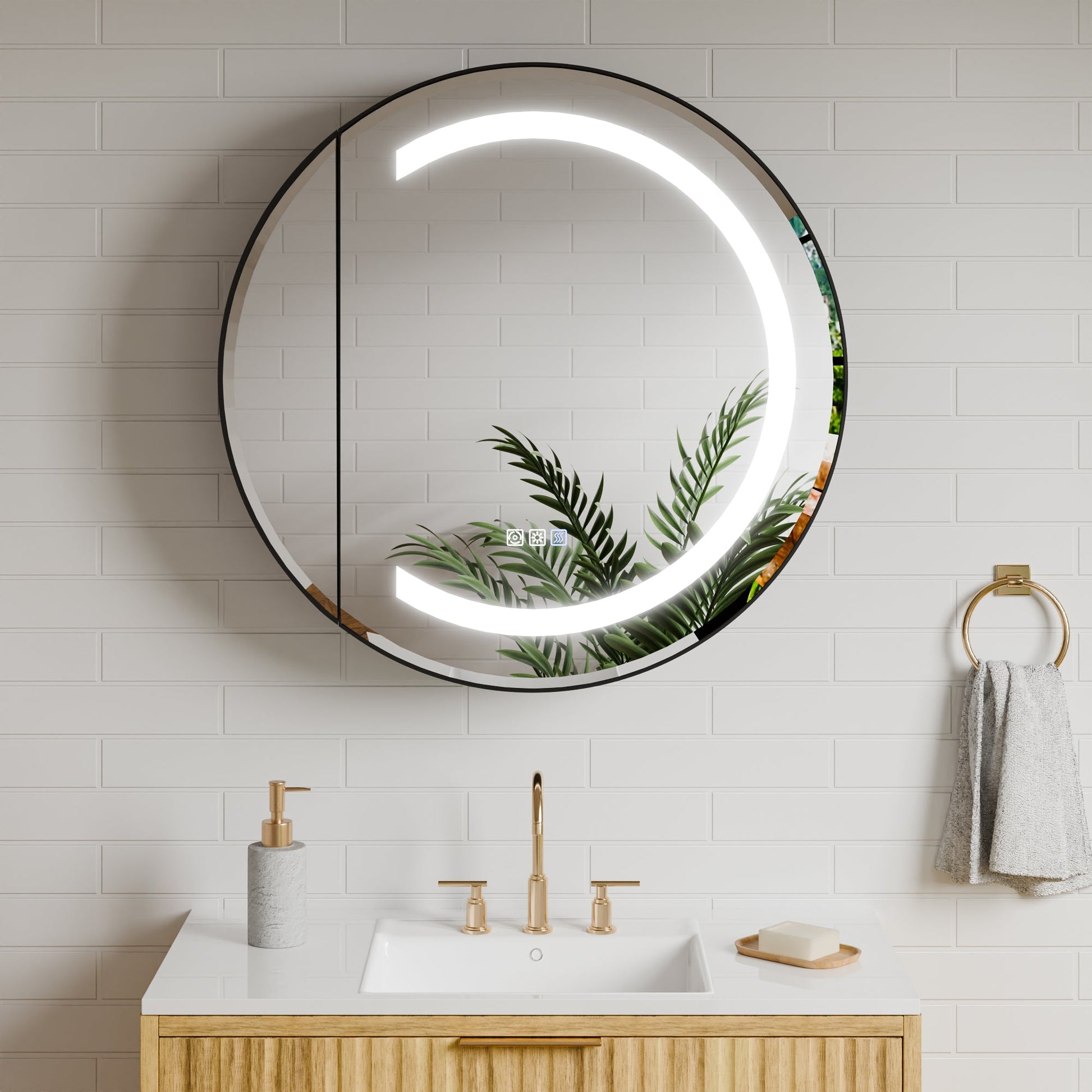 Hola 28" Round LED Medicine Cabinet �C Black Frame, Anti-Fog, Dimmable Lighting, Surface Mount - ExBriteUSA