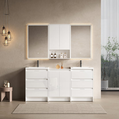 Allsumhome 72' Freestanding Bathroom Vanity with Resin Sink, 1-Storage Cabinet and 1-Wall Cabinet Combination, Soft Closing Drawers and Door, Glossy White, Plywood(KD-Packing)