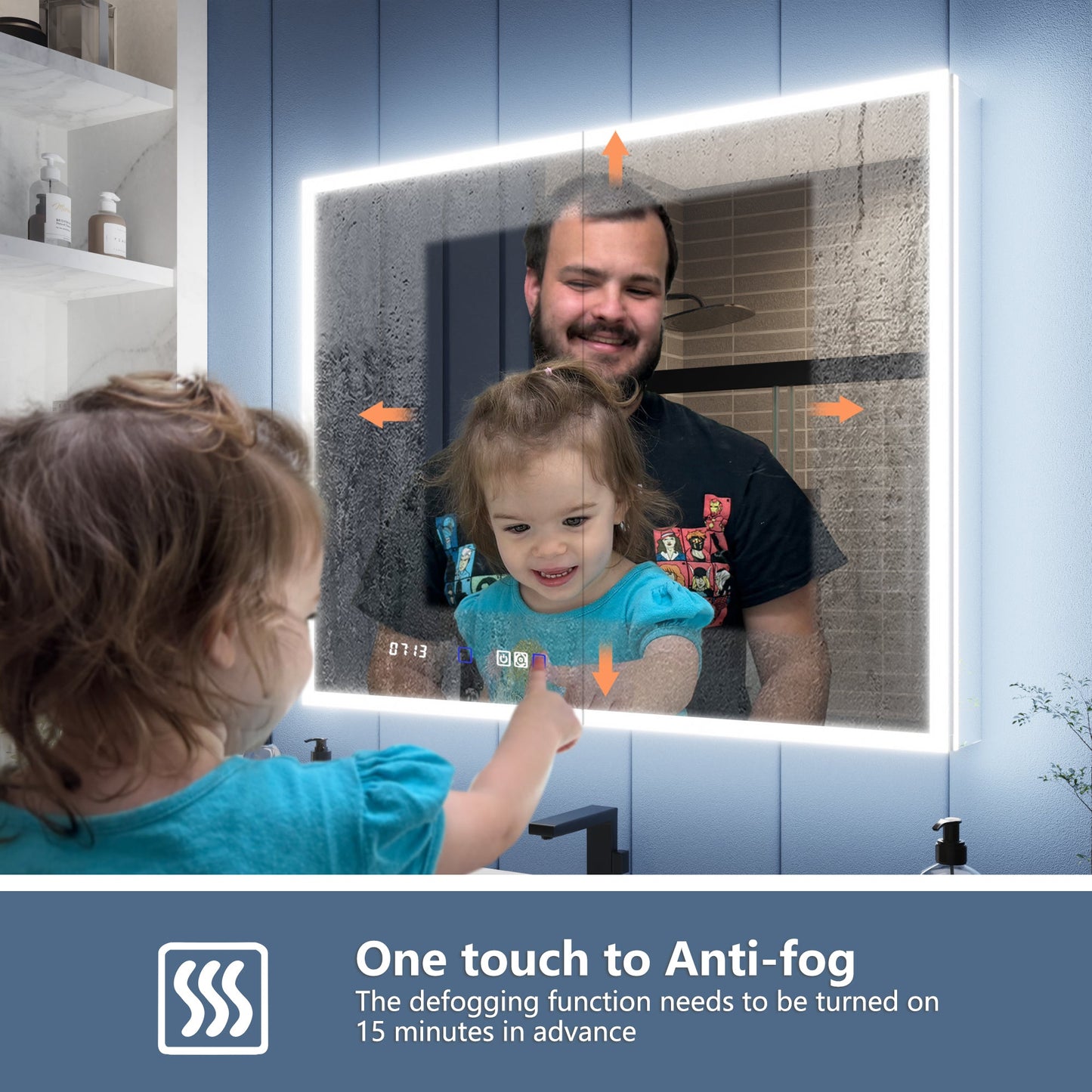 LED lighted bathroom medicine cabinet with mirror, featuring anti-fog function and child interacting with clear reflection.