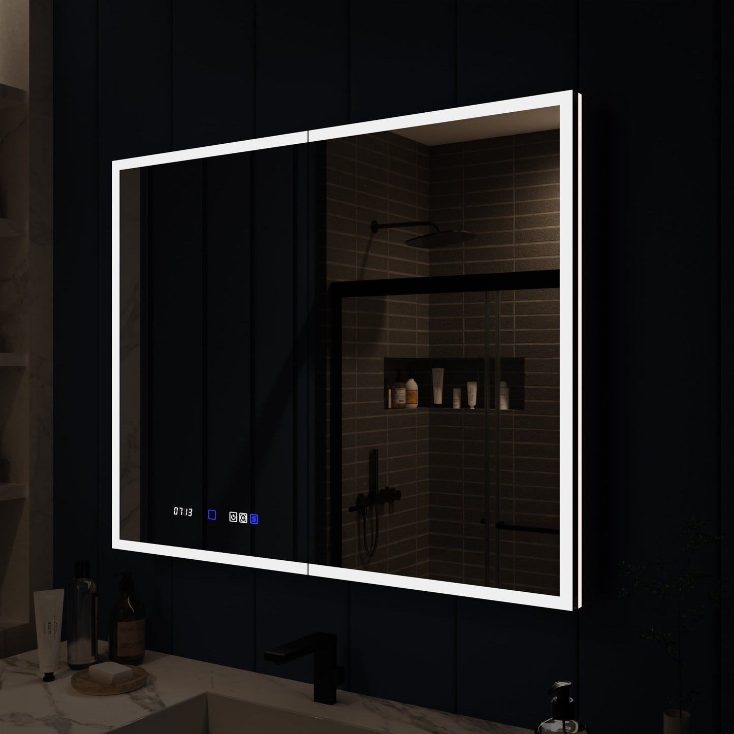 Illusion 40" x 32" LED lighted bathroom medicine cabinet with mirror, magnifiers, and front/back lighting.