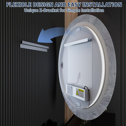Glacy Series 30" x 30" Round LED Bathroom Mirror �C Ice Textures Edge, Smart Dimming, Defogger, ETL Certified