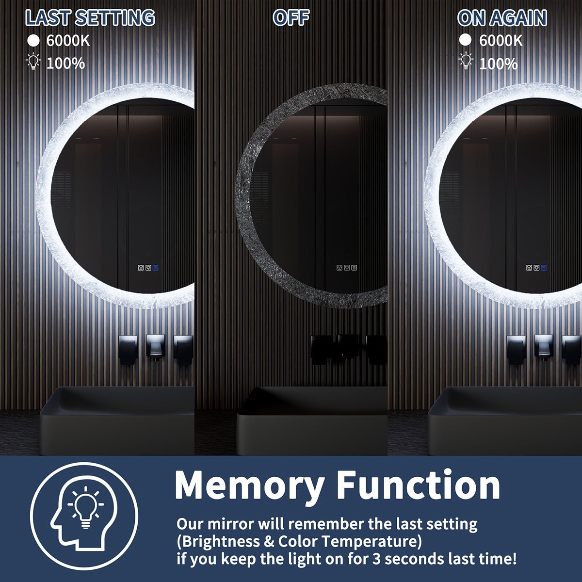 Glacy Series 30" x 30" Round LED Bathroom Mirror �C Ice Textures Edge, Smart Dimming, Defogger, ETL Certified