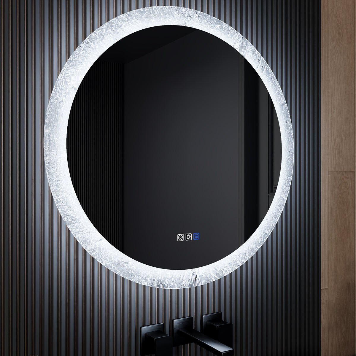 Glacy Series 30" x 30" Round LED Bathroom Mirror �C Ice Textures Edge, Smart Dimming, Defogger, ETL Certified