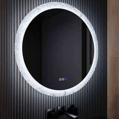 Glacy Series 30" x 30" Round LED Bathroom Mirror �C Ice Textures Edge, Smart Dimming, Defogger, ETL Certified