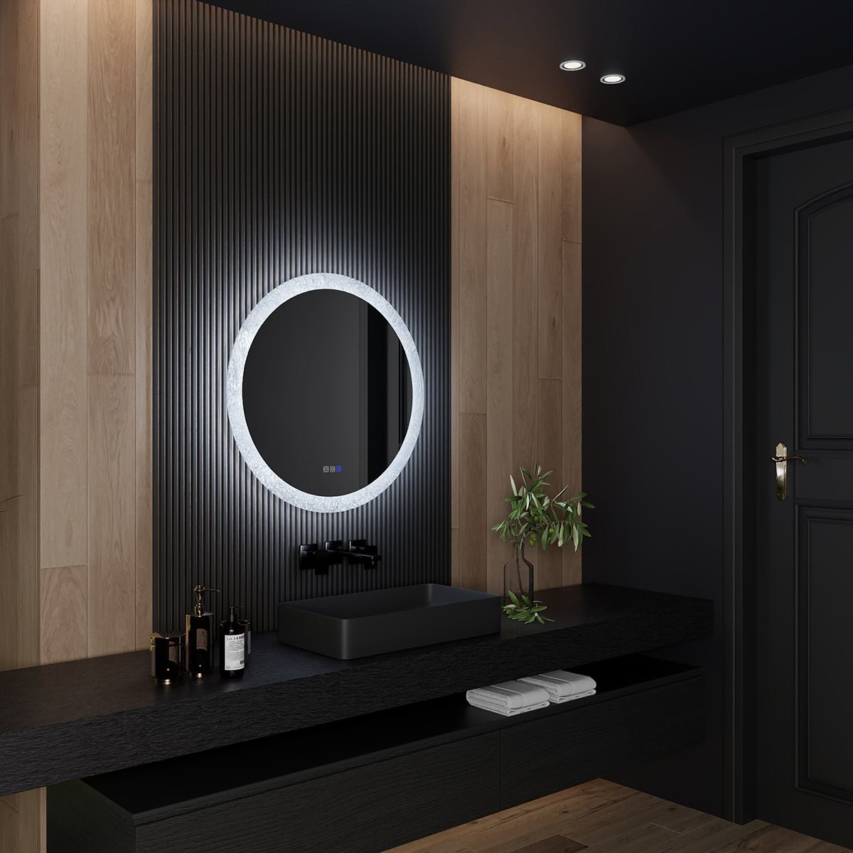 Glacy Series 30" x 30" Round LED Bathroom Mirror �C Ice Textures Edge, Smart Dimming, Defogger, ETL Certified