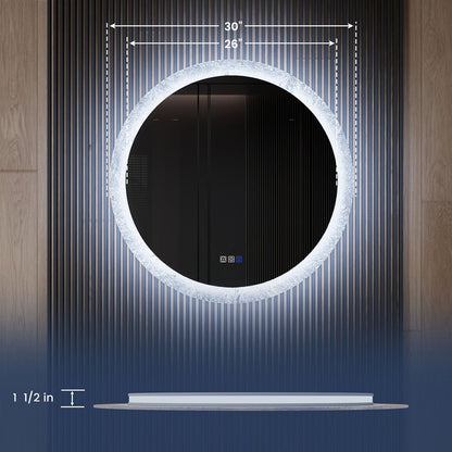 Glacy Series 30" x 30" Round LED Bathroom Mirror �C Ice Textures Edge, Smart Dimming, Defogger, ETL Certified