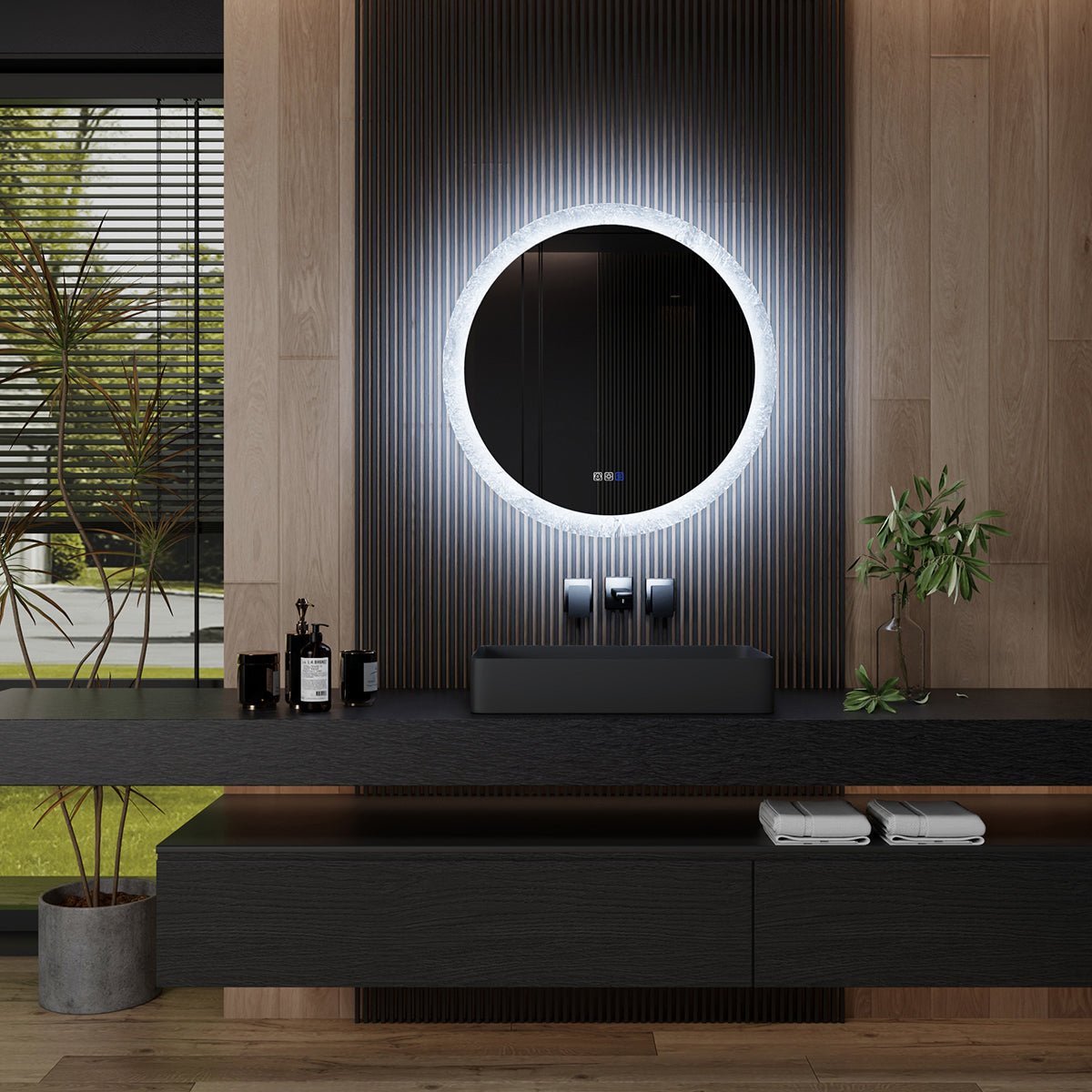 Glacy Series 30" x 30" Round LED Bathroom Mirror �C Ice Textures Edge, Smart Dimming, Defogger, ETL Certified