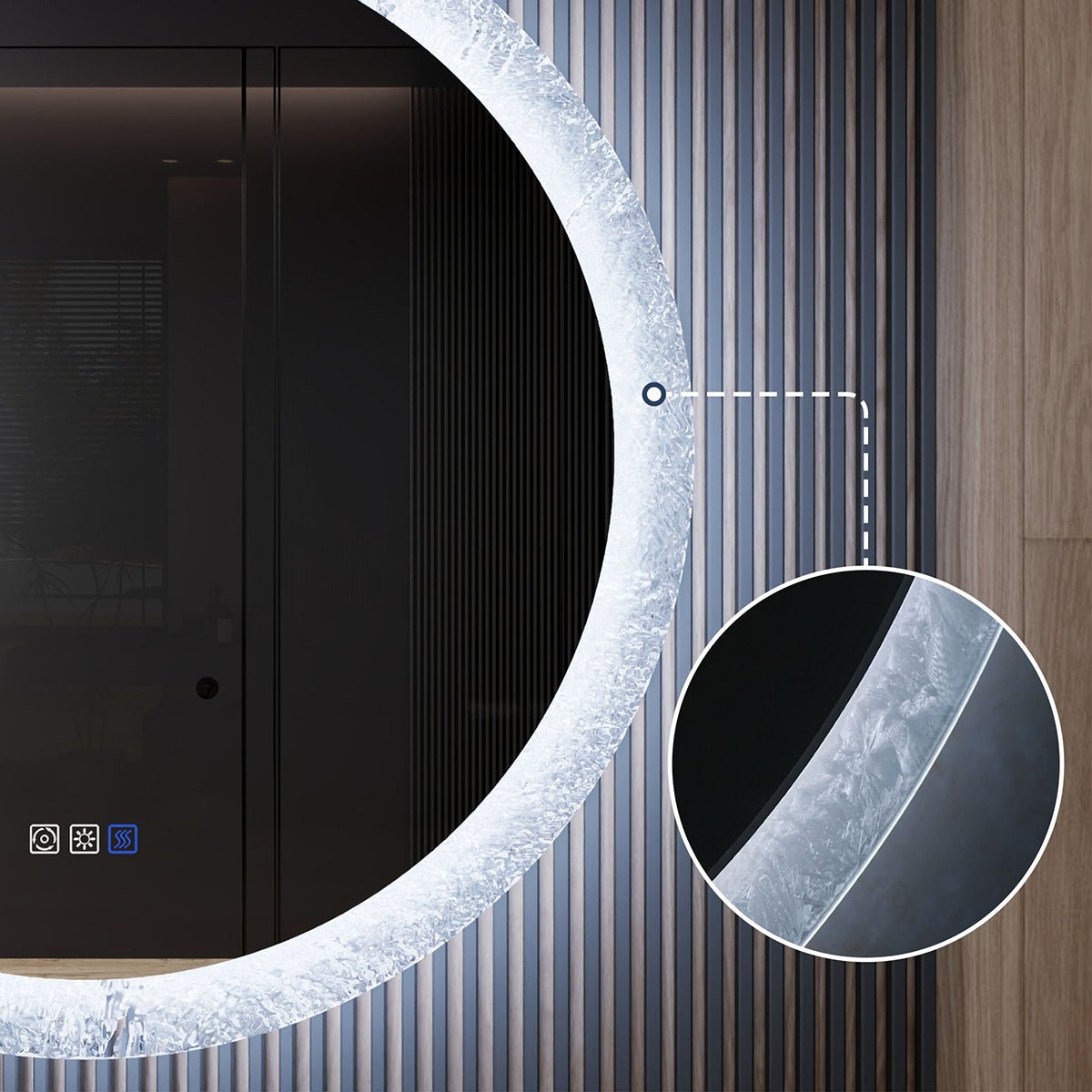 Glacy Series 30" x 30" Round LED Bathroom Mirror �C Ice Textures Edge, Smart Dimming, Defogger, ETL Certified