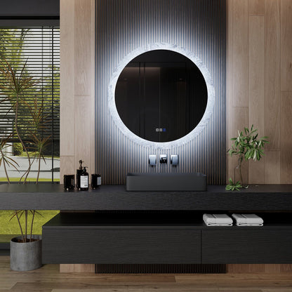 Glacy Series 36" x 36" Round LED Bathroom Mirror �C Ice Textures Edge, Smart Dimming, Defogger, ETL Certified