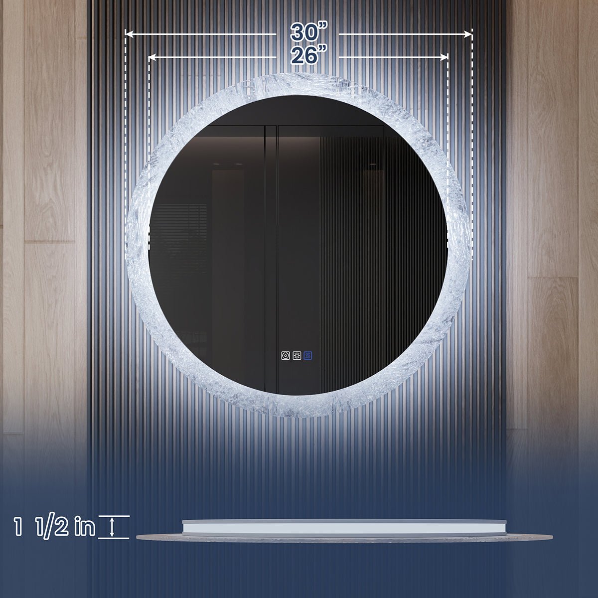 Glacy Series 36" x 36" Round LED Bathroom Mirror �C Ice Textures Edge, Smart Dimming, Defogger, ETL Certified