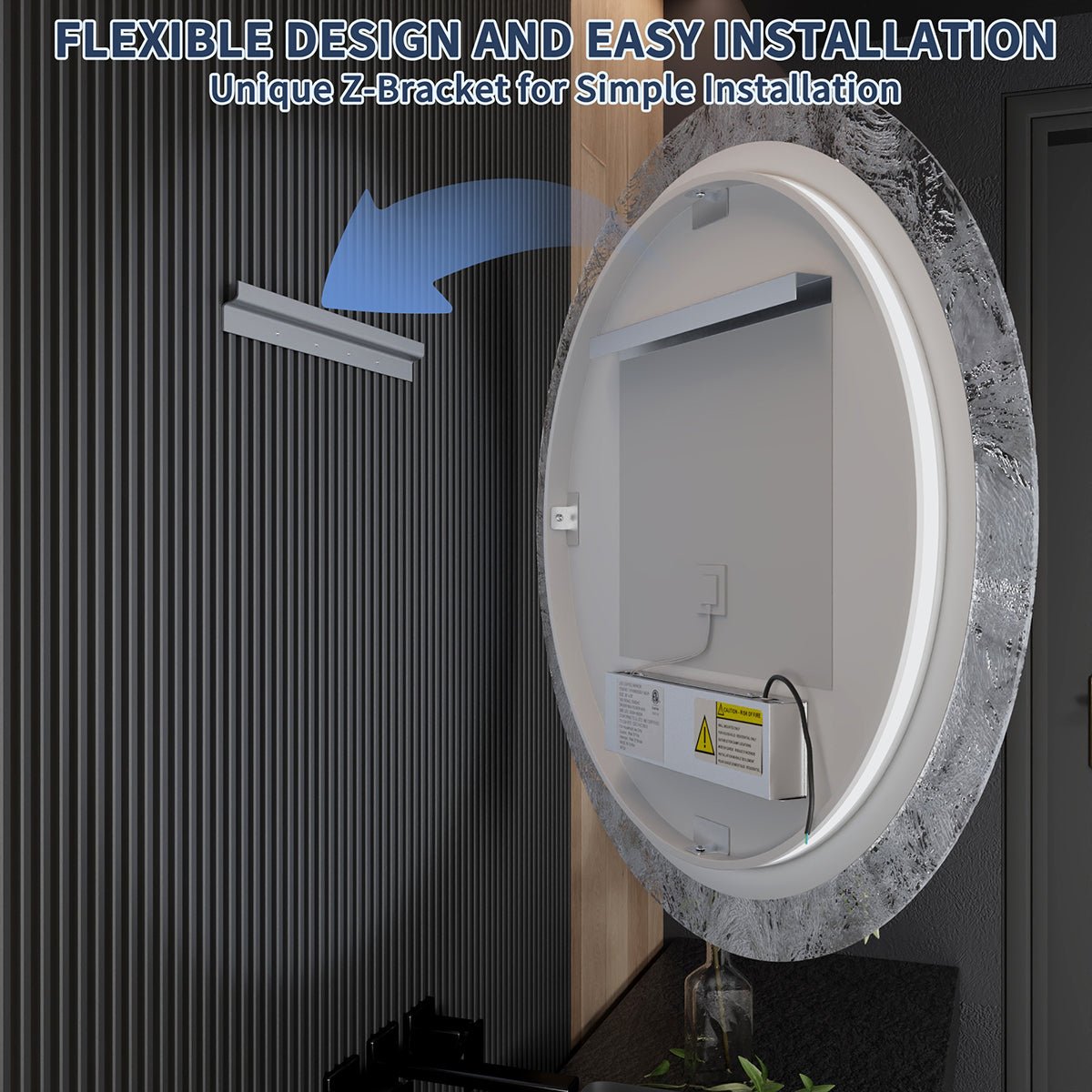 Glacy Series 36" x 36" Round LED Bathroom Mirror �C Ice Textures Edge, Smart Dimming, Defogger, ETL Certified