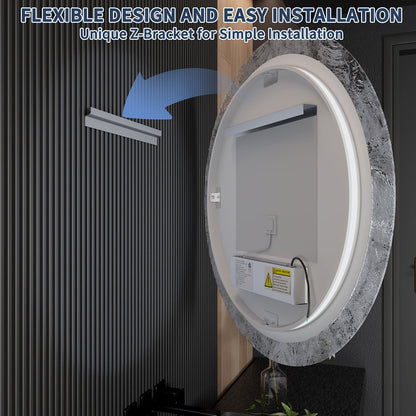 Glacy Series 36" x 36" Round LED Bathroom Mirror �C Ice Textures Edge, Smart Dimming, Defogger, ETL Certified