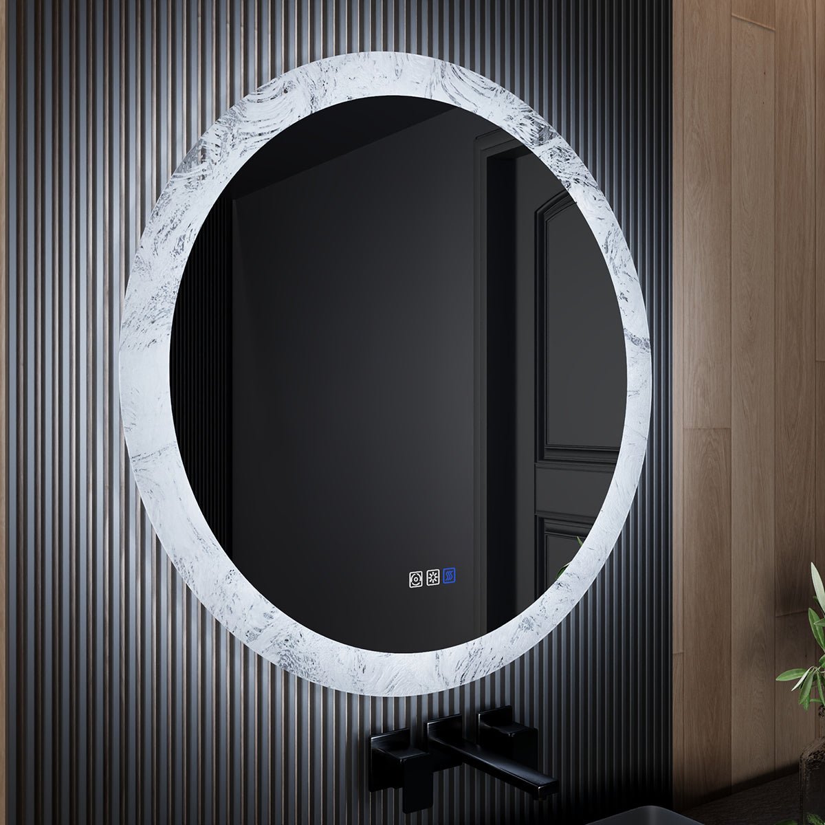 Glacy Series 36" x 36" Round LED Bathroom Mirror �C Ice Textures Edge, Smart Dimming, Defogger, ETL Certified