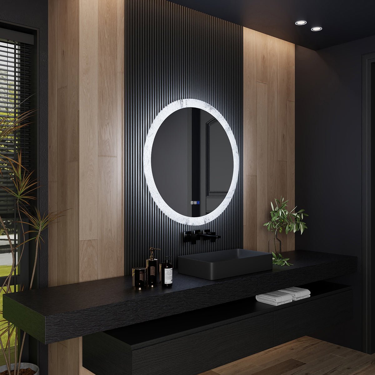 Glacy Series 36" x 36" Round LED Bathroom Mirror �C Ice Textures Edge, Smart Dimming, Defogger, ETL Certified