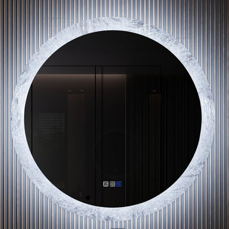 Glacy Series 36" x 36" Round LED Bathroom Mirror �C Ice Textures Edge, Smart Dimming, Defogger, ETL Certified