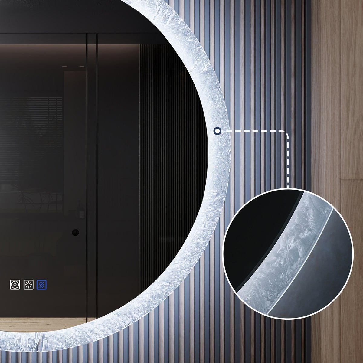 Glacy Series 36" x 36" Round LED Bathroom Mirror �C Ice Textures Edge, Smart Dimming, Defogger, ETL Certified