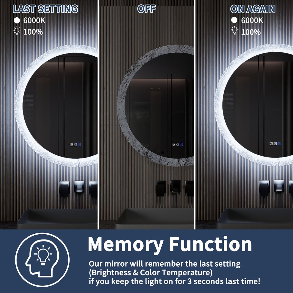 Glacy Series 36" x 36" Round LED Bathroom Mirror �C Ice Textures Edge, Smart Dimming, Defogger, ETL Certified