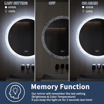 Glacy Series 36" x 36" Round LED Bathroom Mirror �C Ice Textures Edge, Smart Dimming, Defogger, ETL Certified