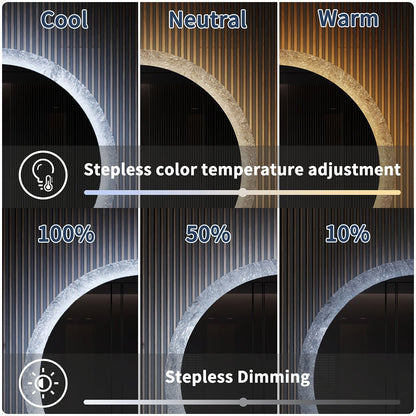 Glacy Series 36" x 36" Round LED Bathroom Mirror �C Ice Textures Edge, Smart Dimming, Defogger, ETL Certified