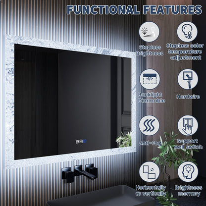 Glacy Series 40" x 32" Rectangle LED Bathroom Mirror �C Ice Textures Edge, Smart Dimming, Defogger, ETL Certified