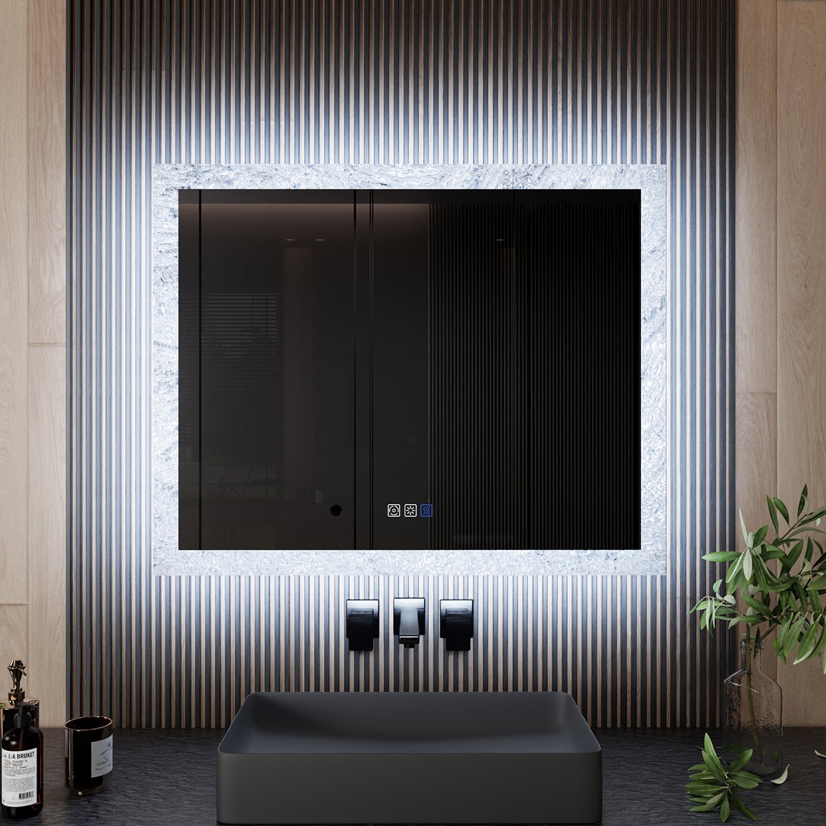 Glacy Series 40" x 32" Rectangle LED Bathroom Mirror �C Ice Textures Edge, Smart Dimming, Defogger, ETL Certified