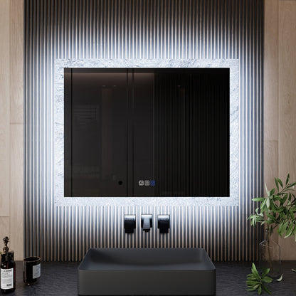 Glacy Series 40" x 32" Rectangle LED Bathroom Mirror �C Ice Textures Edge, Smart Dimming, Defogger, ETL Certified