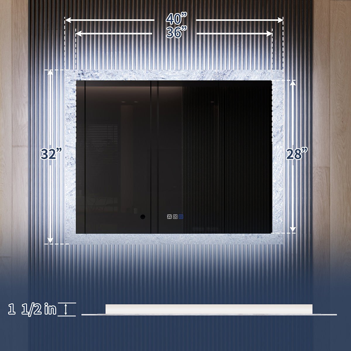 Glacy Series 40" x 32" Rectangle LED Bathroom Mirror �C Ice Textures Edge, Smart Dimming, Defogger, ETL Certified