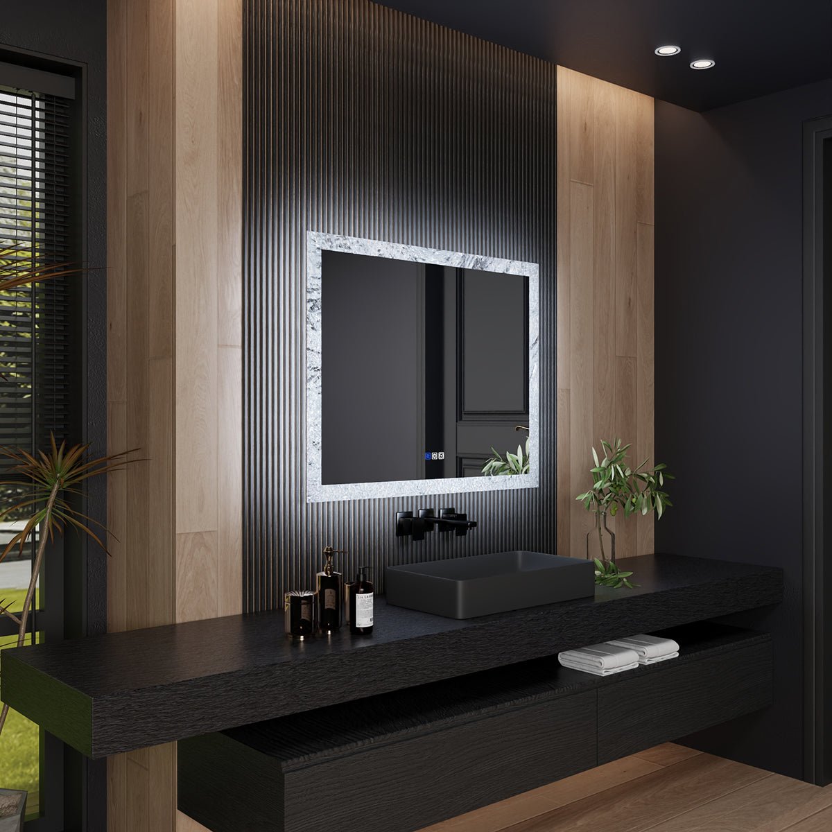 Glacy Series 40" x 32" Rectangle LED Bathroom Mirror �C Ice Textures Edge, Smart Dimming, Defogger, ETL Certified