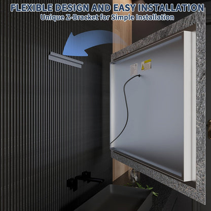 Glacy Series 40" x 32" Rectangle LED Bathroom Mirror �C Ice Textures Edge, Smart Dimming, Defogger, ETL Certified