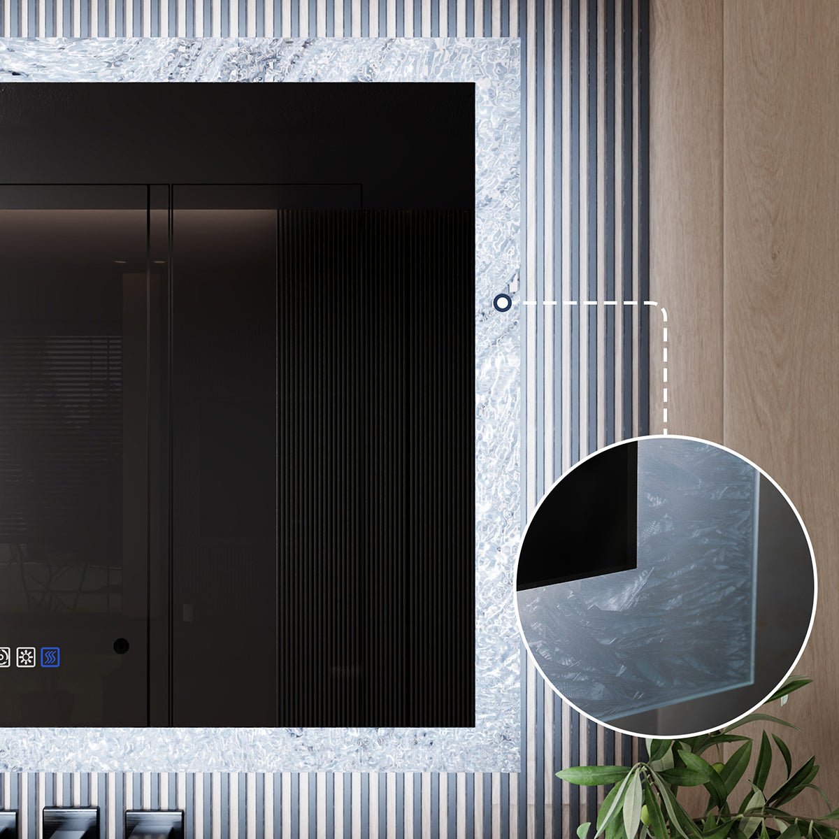 Glacy Series 48" x 32" Rectangle LED Bathroom Mirror �C Ice Textures Edge, Smart Dimming, Defogger, ETL Certified