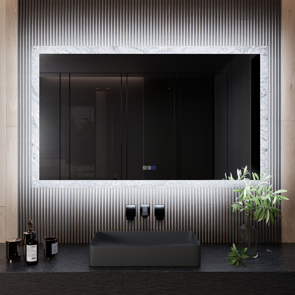Glacy Series 60" x 36" Rectangle LED Bathroom Mirror �C Ice Textures Edge, Smart Dimming, Defogger, ETL Certified