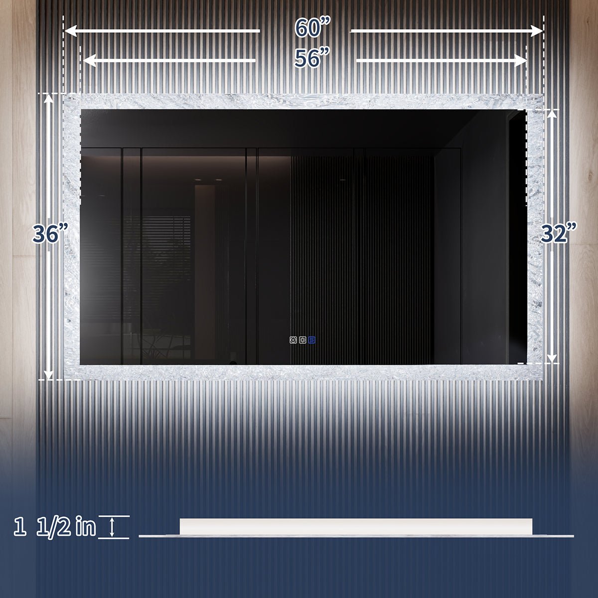 Glacy Series 60" x 36" Rectangle LED Bathroom Mirror �C Ice Textures Edge, Smart Dimming, Defogger, ETL Certified