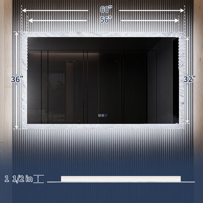 Glacy Series 60" x 36" Rectangle LED Bathroom Mirror �C Ice Textures Edge, Smart Dimming, Defogger, ETL Certified