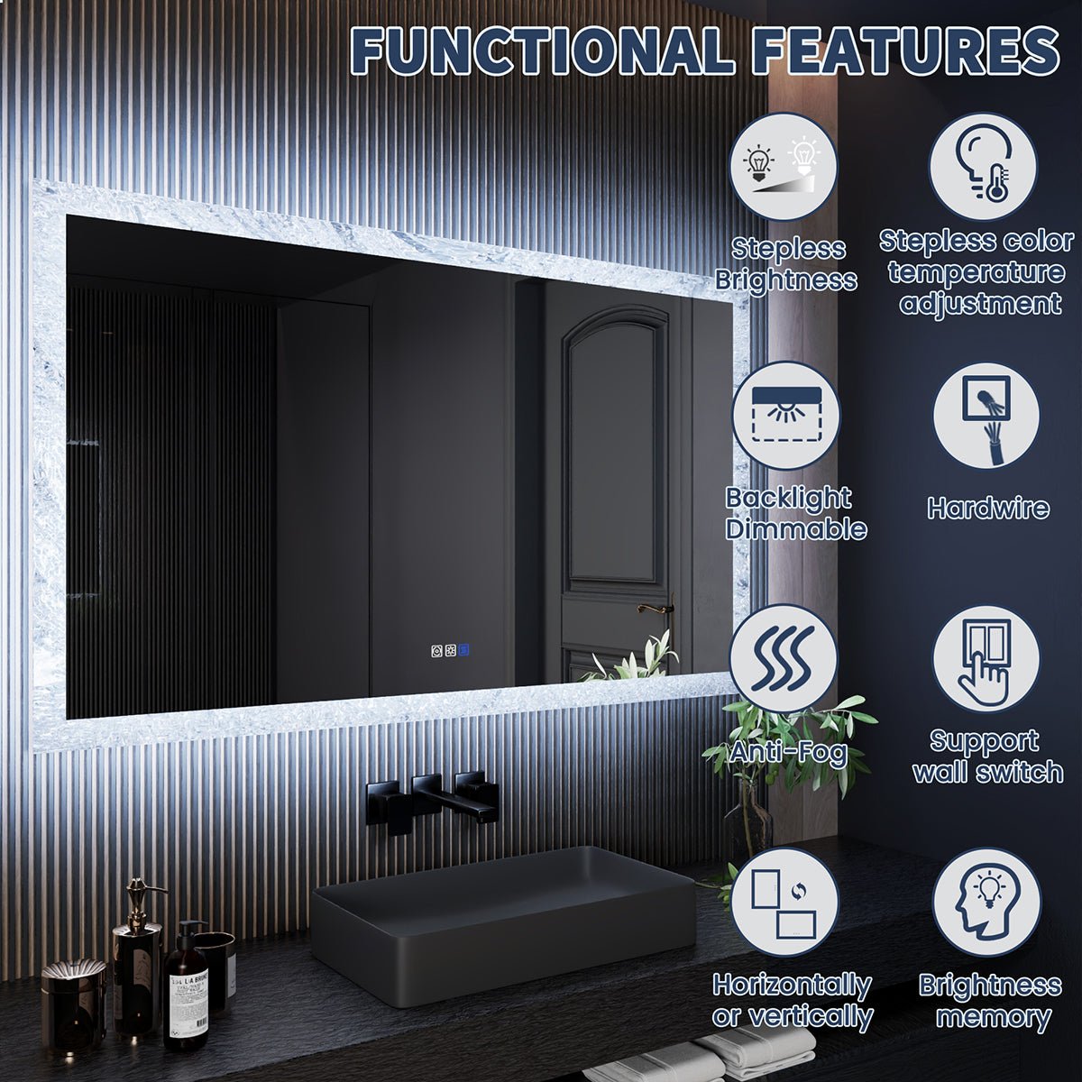Glacy Series 60" x 36" Rectangle LED Bathroom Mirror �C Ice Textures Edge, Smart Dimming, Defogger, ETL Certified