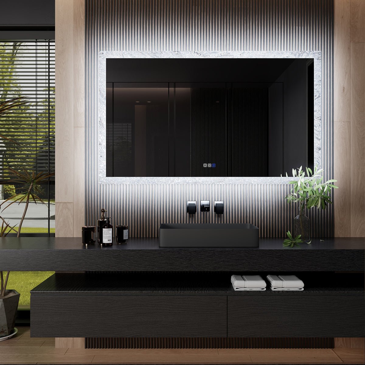 Glacy Series 60" x 36" Rectangle LED Bathroom Mirror �C Ice Textures Edge, Smart Dimming, Defogger, ETL Certified
