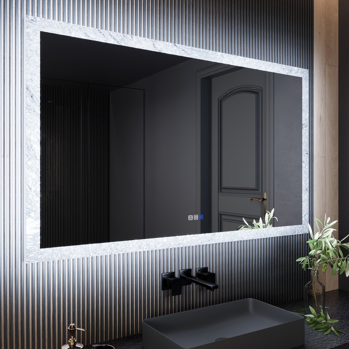 Glacy Series 60" x 36" Rectangle LED Bathroom Mirror �C Ice Textures Edge, Smart Dimming, Defogger, ETL Certified