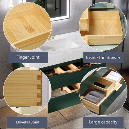 Glam 36" Modern Floating Green Rubberwood Bathroom Vanity Cabinet with Lights and Stone Slab Countertop, Single Sinks