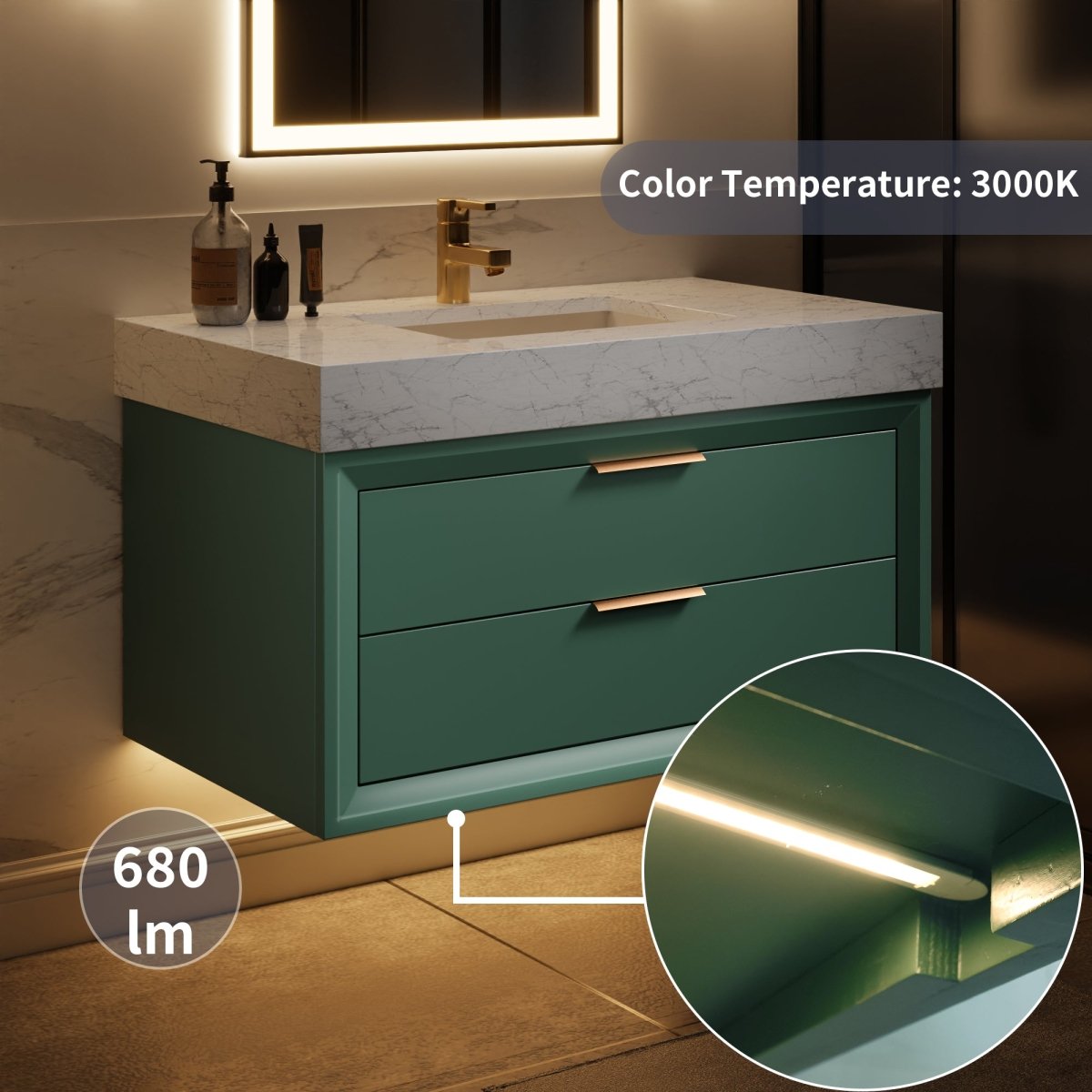 Glam 36" Modern Floating Green Rubberwood Bathroom Vanity Cabinet with Lights and Stone Slab Countertop, Single Sinks