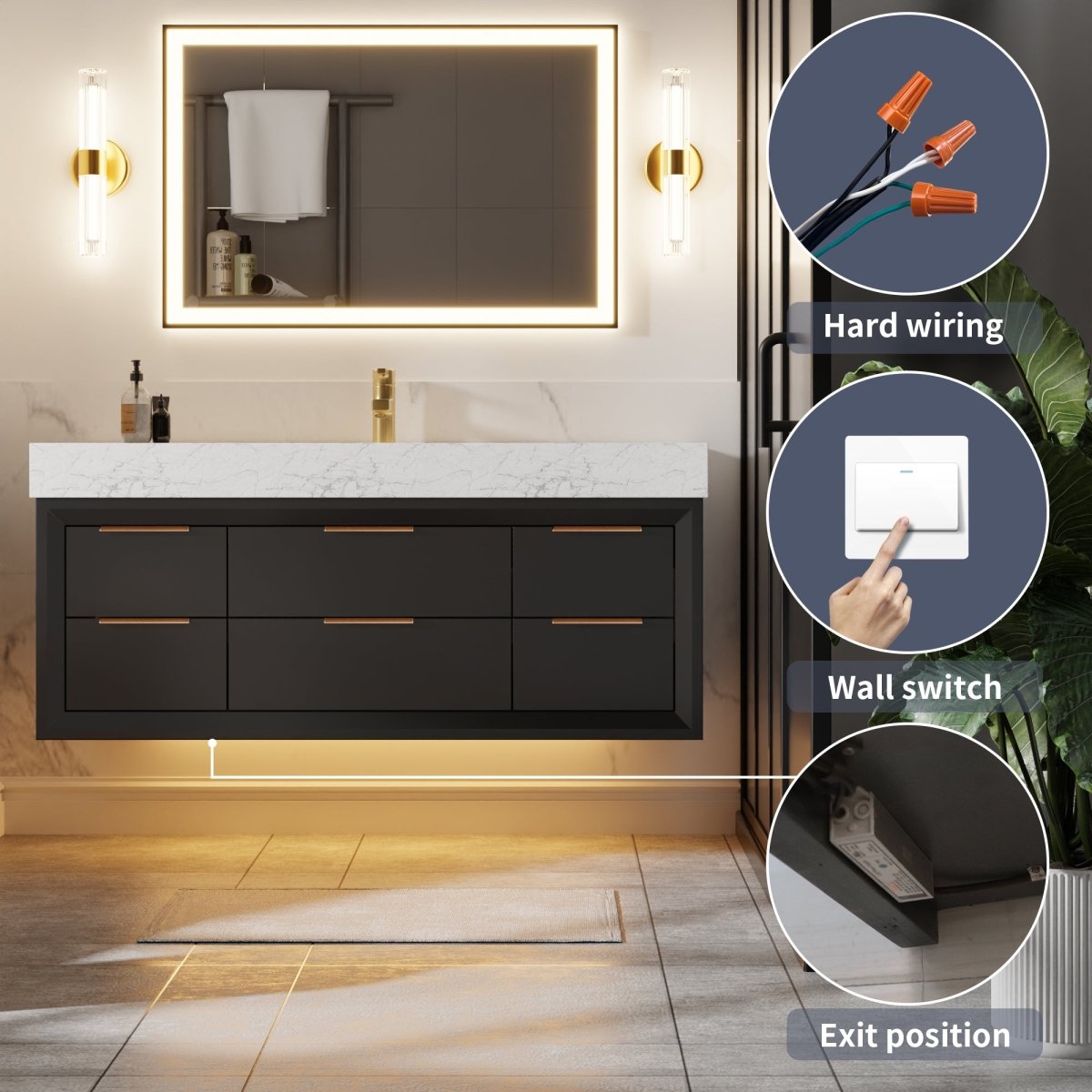 Glam 48" Modern Floating Black Rubberwood Bathroom Vanity Cabinet with Lights and Stone Slab Countertop, Single Sinks