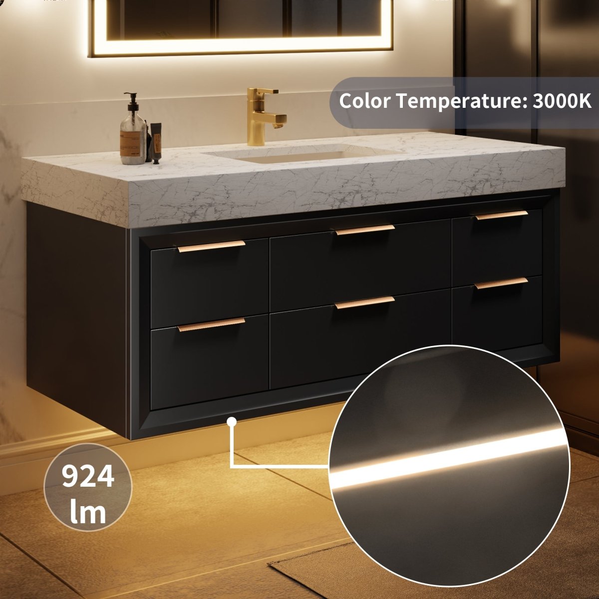 Glam 48" Modern Floating Black Rubberwood Bathroom Vanity Cabinet with Lights and Stone Slab Countertop, Single Sinks