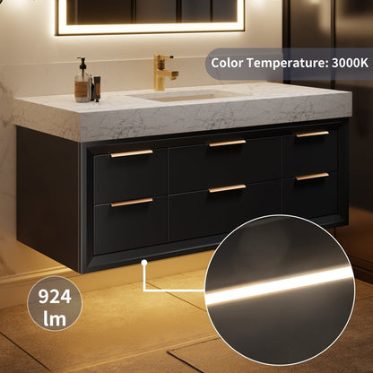 Glam 48" Modern Floating Black Rubberwood Bathroom Vanity Cabinet with Lights and Stone Slab Countertop, Single Sinks