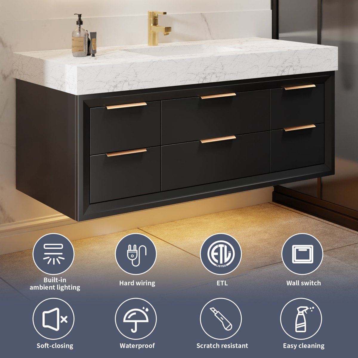 Glam 48" Modern Floating Black Rubberwood Bathroom Vanity Cabinet with Lights and Stone Slab Countertop, Single Sinks