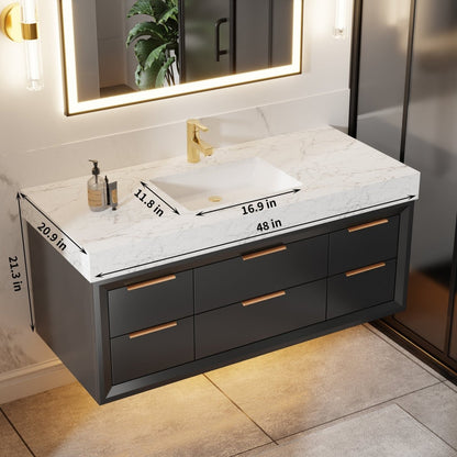 Glam 48" Modern Floating Black Rubberwood Bathroom Vanity Cabinet with Lights and Stone Slab Countertop, Single Sinks