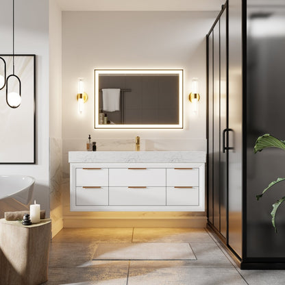 Glam 48" modern white bathroom vanity cabinet with stone slab countertop and lighting.