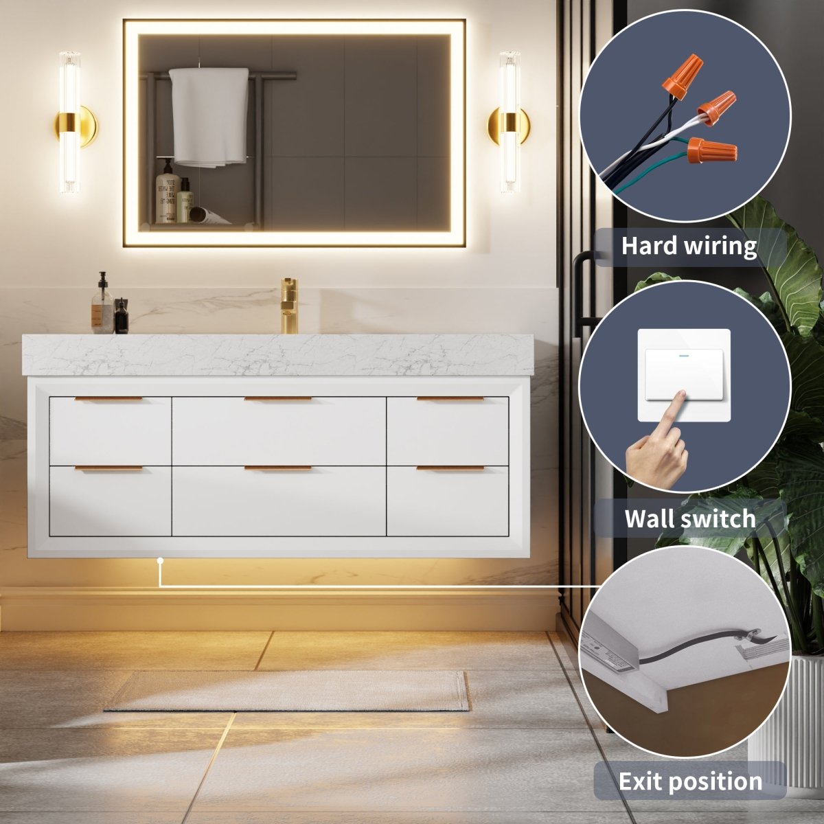 Glam 48" modern floating white rubberwood bathroom vanity cabinet with lights, stone slab countertop, and single sinks.